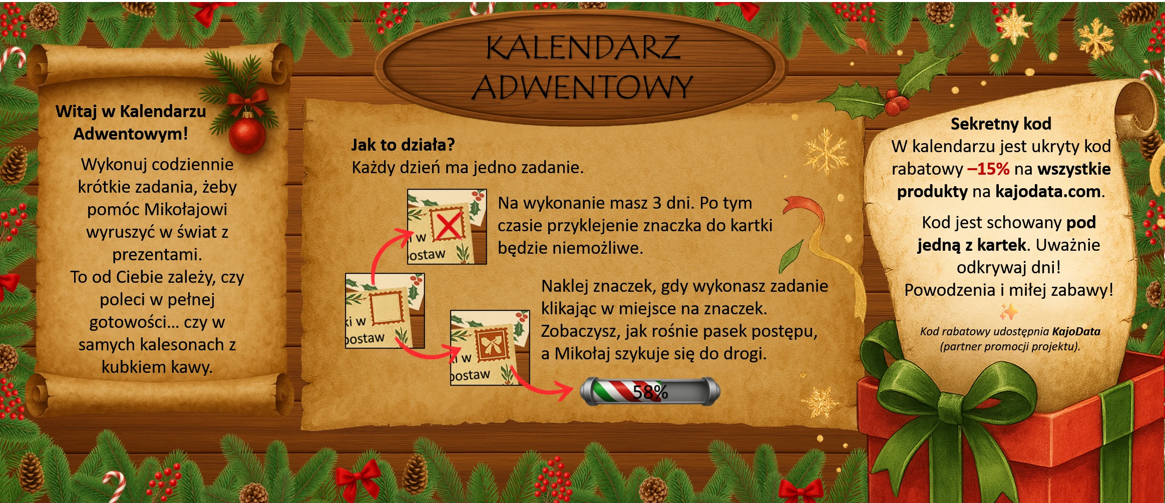Instrukcja kalendarza adwentowego: zasady zadań, znaczki i pasek postępu