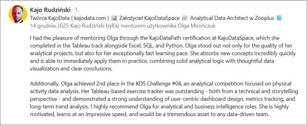 Rekomendacja Kaja Rudzińskiego dla Olgi Mirończuk: ukończenie KajoDataPath oraz 2. miejsce w KDS Challenge #04
